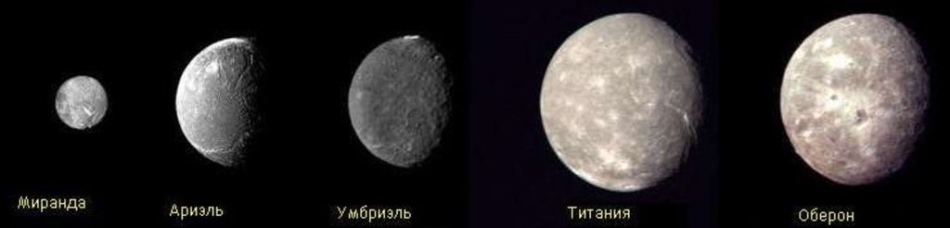 Крупные спутники Урана - Миранда, Ариэль, Умбриэль, Титания и Оберон